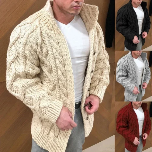 Thickened Cable Knit Men’s Cardigan, Solid Color Mans Knitwear with Stand-Collar, Autumn Causal Sweater for Man and Woman