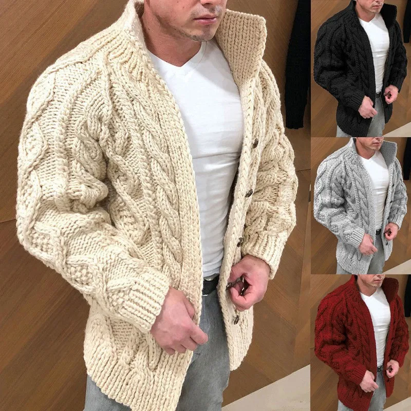 Thickened Cable Knit Men’s Cardigan, Solid Color Mans Knitwear with Stand-Collar, Autumn Causal Sweater for Man and Woman