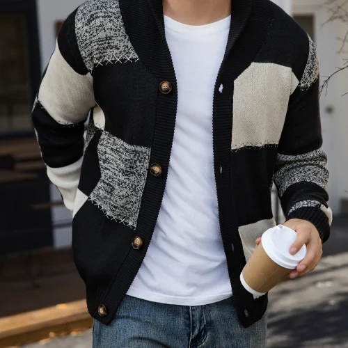 Men's Autumn and Winter Cardigan Sweater, Black-White-Gray Plaid Color Block, Casual and Versatile Knitted Jacket