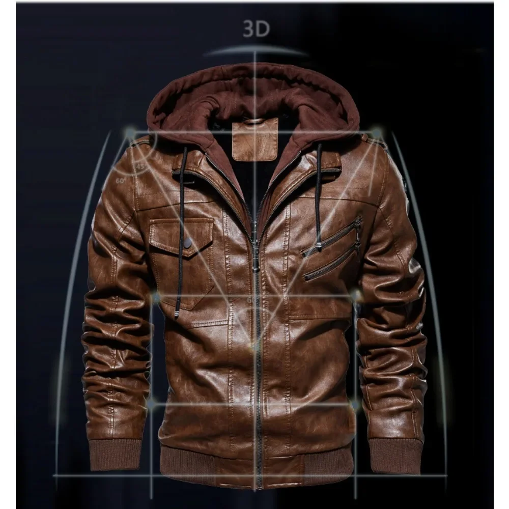 New Style Spring Antumn Men Brown Leather Motorcycle Jacket with Removable Hooded Male PU Jacket Coat EU Size High Quality - Image 2