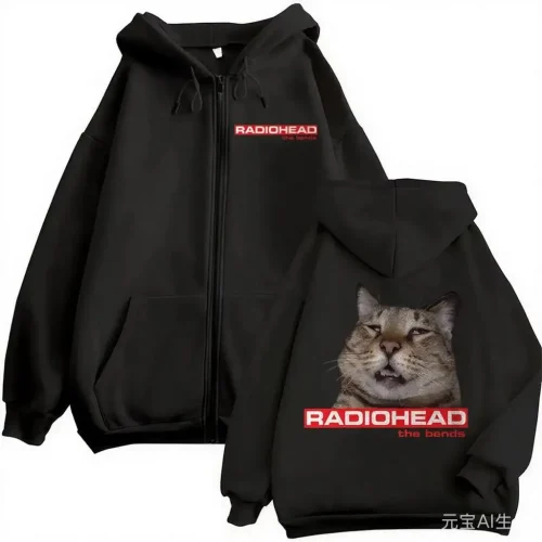 Rock Band Radiohead The Bend Funny Cat Meme Zipper Hoodies Men's Women Fashion Hip Hop Zip Up Sweatshirts Jacket Coat Streetwear