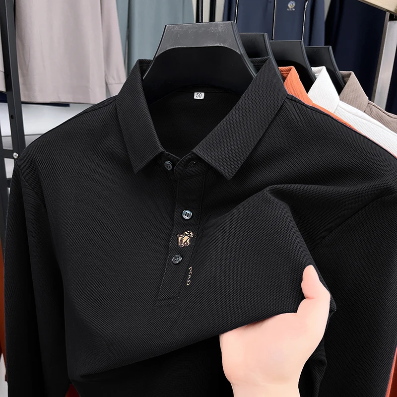 Original Design 100%cotton Man Long-Sleeved Polo Shirt Printing Lapel Seamless British Style Tops Autumn Hot Business Men's Wear