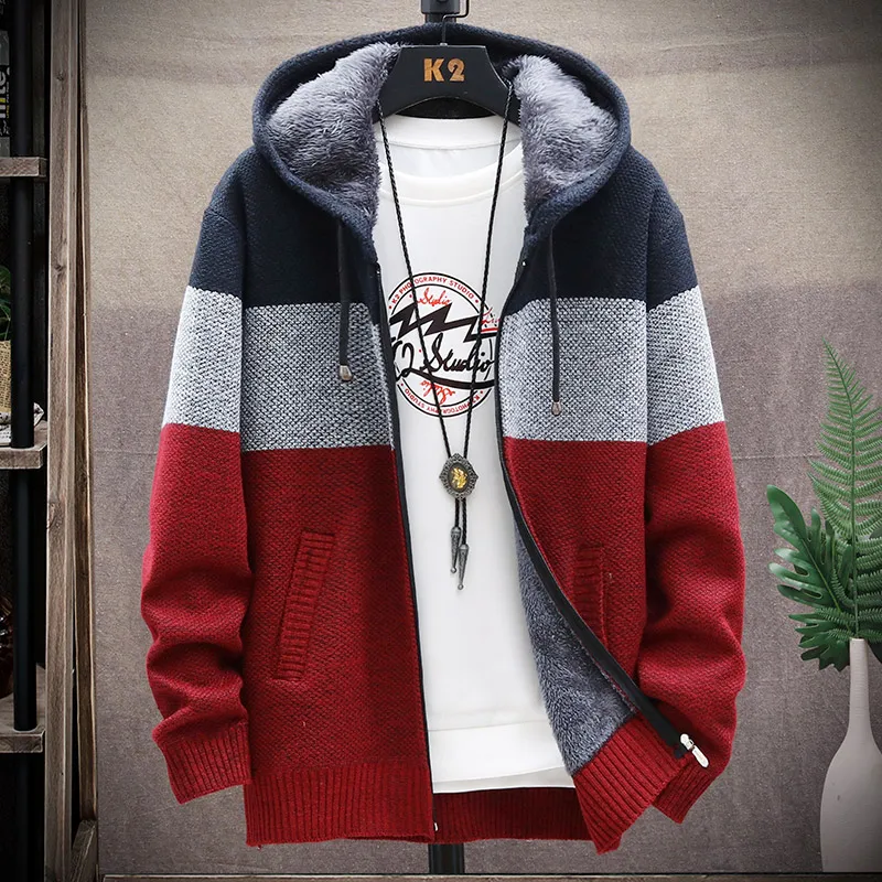 Autumn Winter Cardigan Sweater Men Fleece Zipper Sweaters Velvet Contrast Striped Sweater Coats Casual Jackets - Image 6