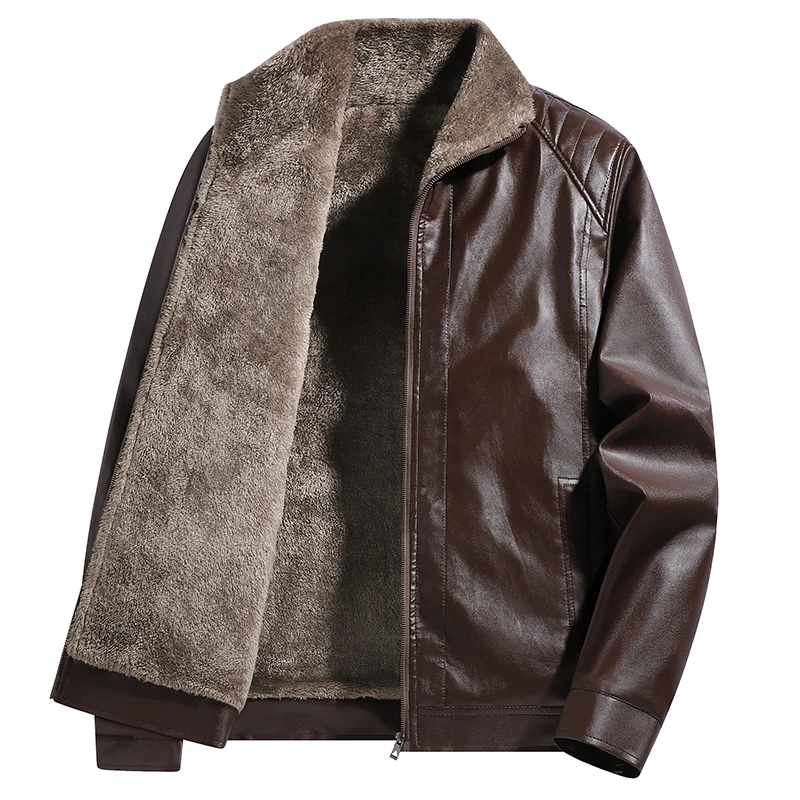 High-quality lapel and fleece leather jacket for men, fleece and thickened leather jacket for men, all-in-one fur dad coat - Image 5