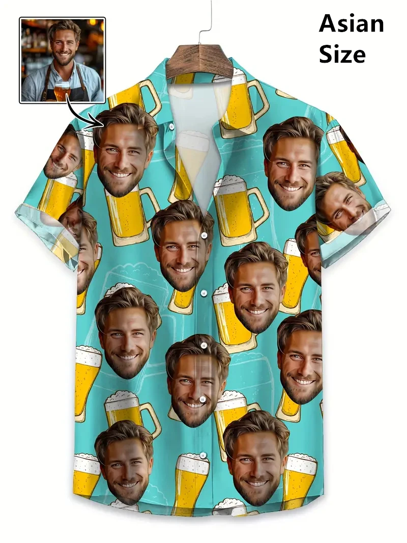Face Photo Beer Shirts For Men Clothing Custom 3D Print Hawaii Beach Shirt Y2k Top 90s Vintage Clothes Lapel Short Sleeve Blouse