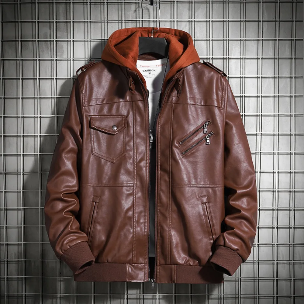 Hooded Leather Jacket Men's Jacket Winter PU Leather Coat Teenage Jackets Men's Motorcycle Leather Coat Harajuku - Image 3