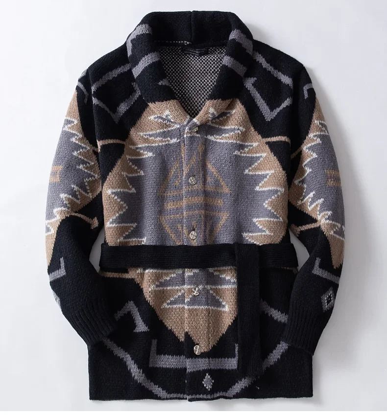 Cardigan Sweaters Men Mid Length Coat Turn Down Collar Full Sleeve Single Breasted Print Knit Coats Open Stitch Autumn Winter - Image 5