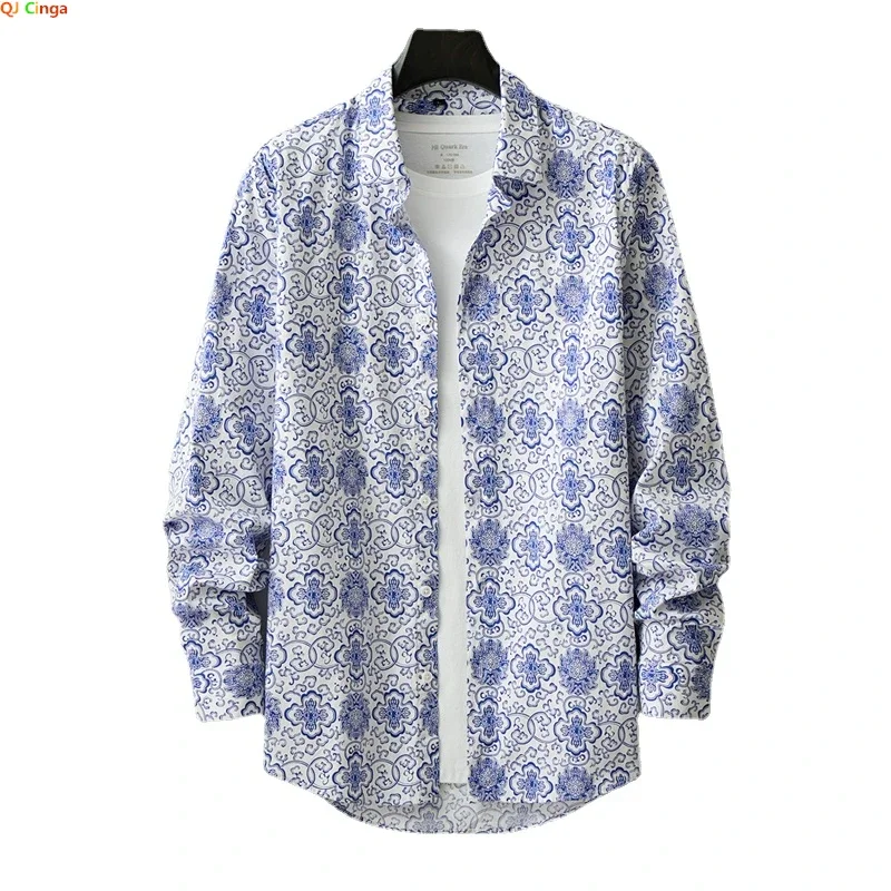 Blue Men's Long Sleeve Printed Cotton Shirt, Diamond Check Casual Shirts, Spring Autumn New Male Tops Camisa Chemise M-5XL - Image 2