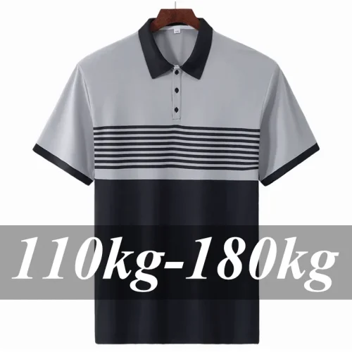 Striped Polo Shirt Men Plus Size 1XL-7XL 110-180kg Short Sleeve T-Shirt Loose Polos Oversized Tops Grey White Big Male Clothing