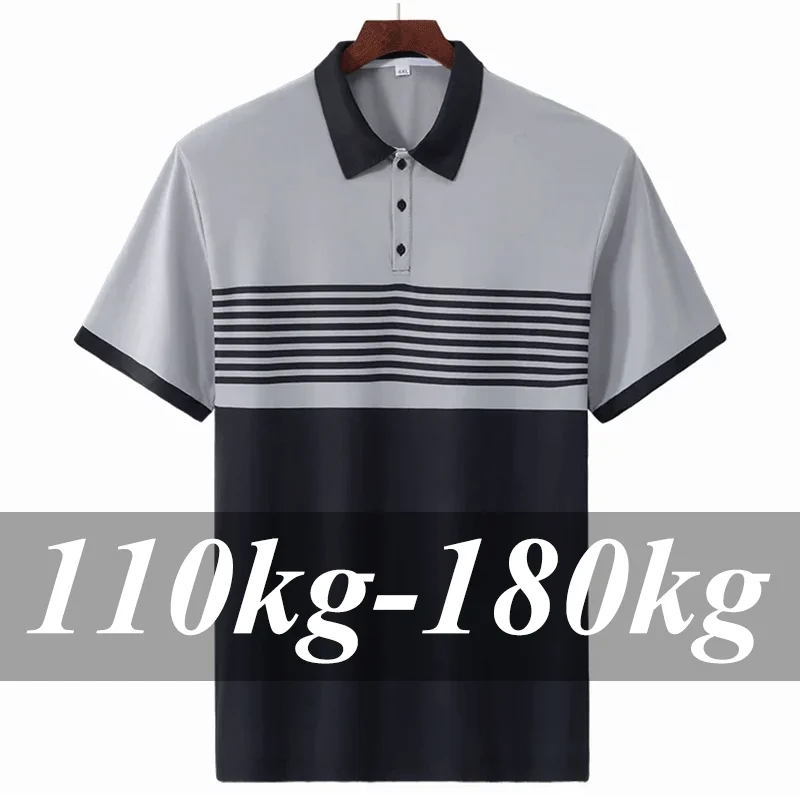 Striped Polo Shirt Men Plus Size 1XL-7XL 110-180kg Short Sleeve T-Shirt Loose Polos Oversized Tops Grey White Big Male Clothing