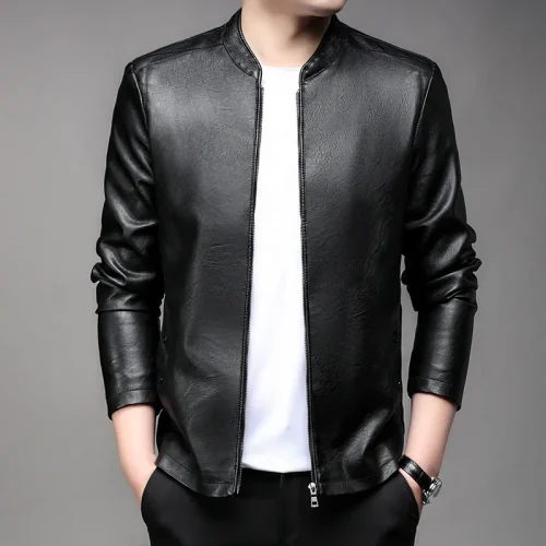 2024 New Oversize Men's Stand Collar PU Leather Jacket Motorcycle Plus Size Faux Leather Coat Business Casual Winter Outwear