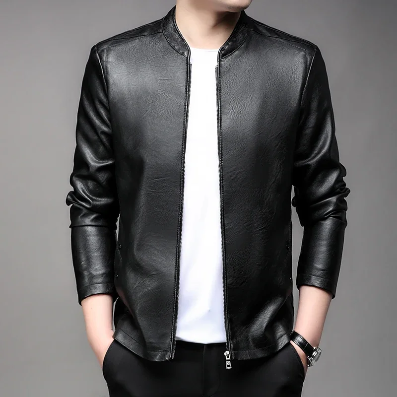 2024 New Oversize Men's Stand Collar PU Leather Jacket Motorcycle Plus Size Faux Leather Coat Business Casual Winter Outwear