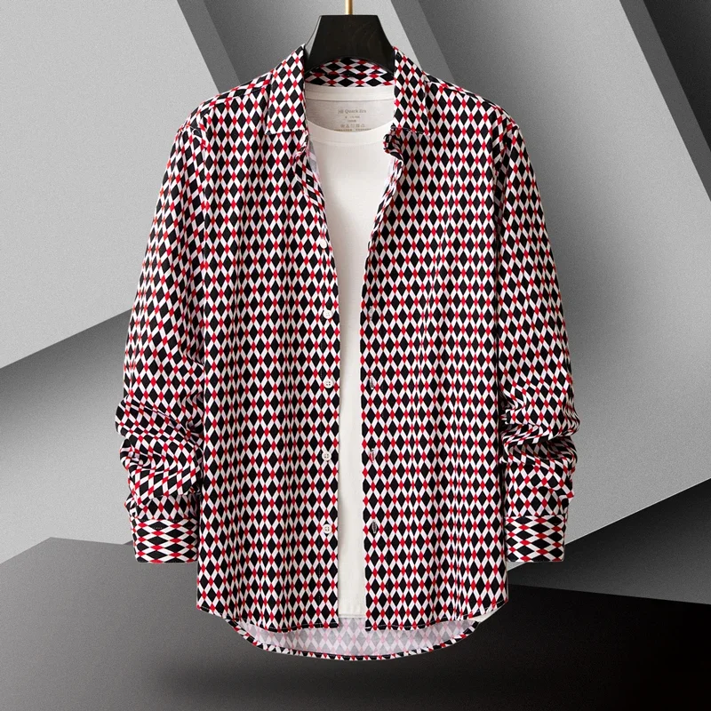 Blue Men's Long Sleeve Printed Cotton Shirt, Diamond Check Casual Shirts, Spring Autumn New Male Tops Camisa Chemise M-5XL - Image 4