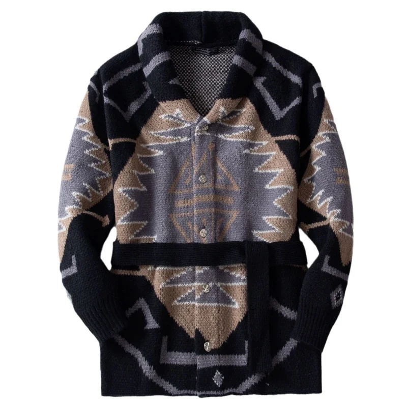 Cardigan Sweaters Men Mid Length Coat Turn Down Collar Full Sleeve Single Breasted Print Knit Coats Open Stitch Autumn Winter - Image 4