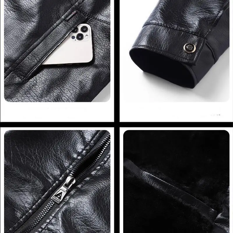 Winter Men Fleece Motor Biker Leather Jacket Man Lapel Thick Outwear Leather Coat Man Vintage Formal Fashion Leather Windbreaker - Image 6