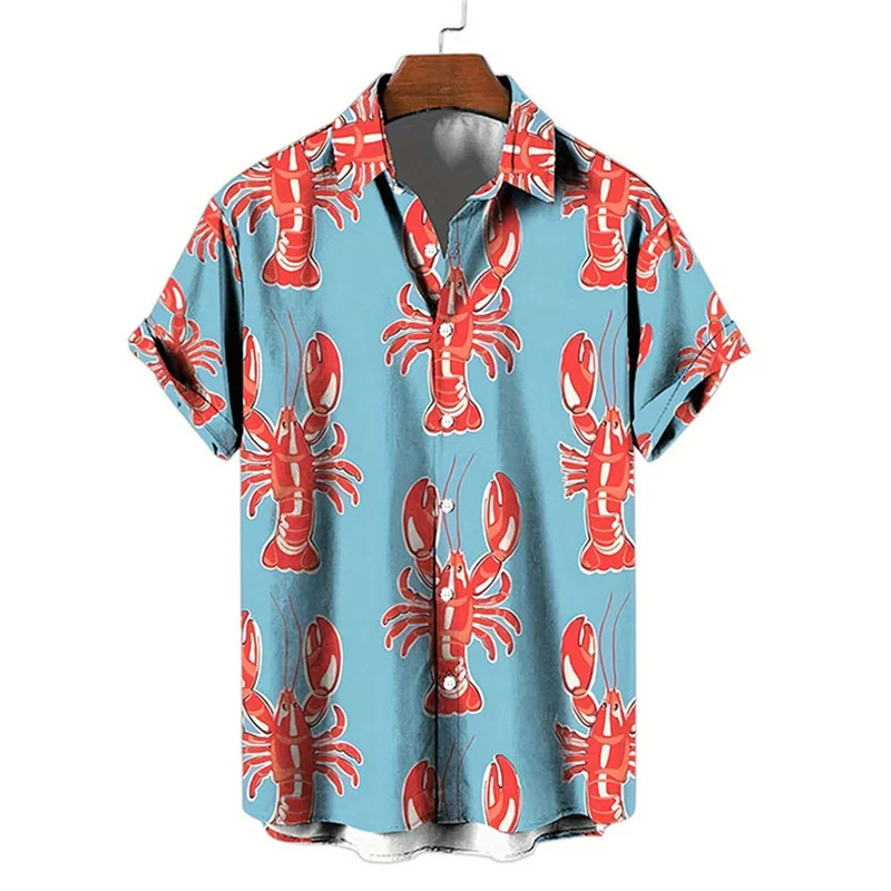 Hawaiian Lobster 3d Print Shirt Fashion Short Sleeve Large Size Shirts Summer Vacation Beachwear Casual Graphic Male Tops - Image 2