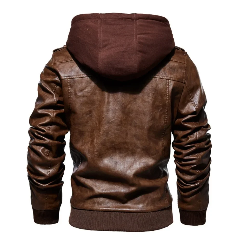 New Style Spring Antumn Men Brown Leather Motorcycle Jacket with Removable Hooded Male PU Jacket Coat EU Size High Quality - Image 3