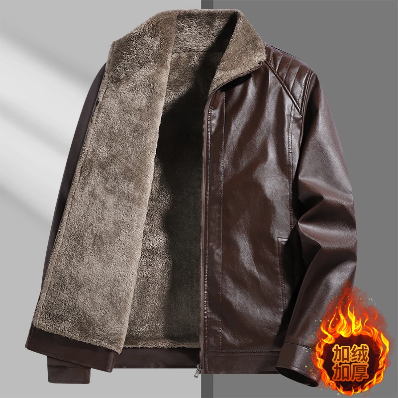 High-quality lapel and fleece leather jacket for men, fleece and thickened leather jacket for men, all-in-one fur dad coat - Image 3