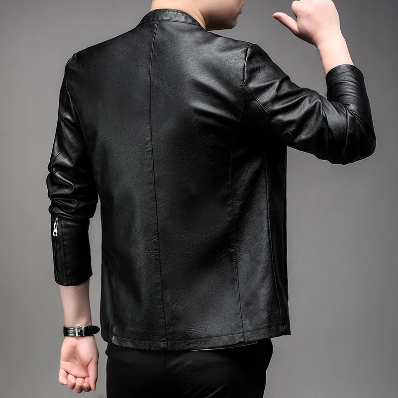 2024 New Oversize Men's Stand Collar PU Leather Jacket Motorcycle Plus Size Faux Leather Coat Business Casual Winter Outwear - Image 2