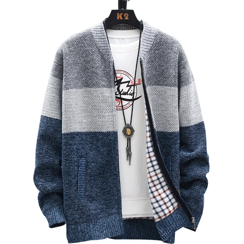 Autumn Winter Cardigan Sweater Men Fleece Zipper Sweaters Velvet Contrast Striped Sweater Coats Casual Jackets - Image 5