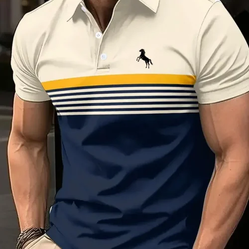 Men'S Casual Short Sleeve Polo Shirt with 3D Horse Print Striped Color Block Design Sporty Style Collared Golf Shirt for Summer