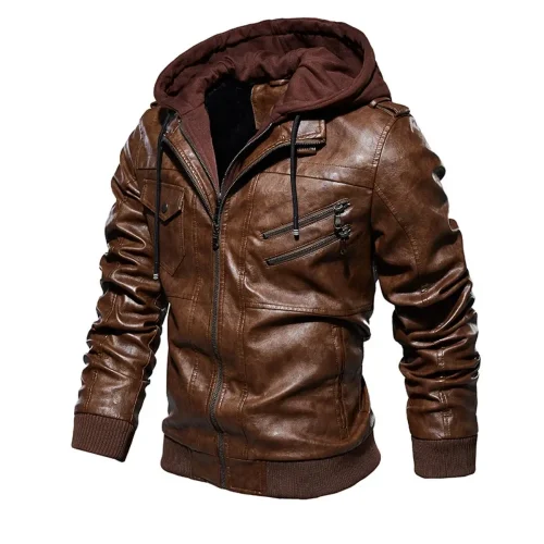 New Style Spring Antumn Men Brown Leather Motorcycle Jacket with Removable Hooded Male PU Jacket Coat EU Size High Quality