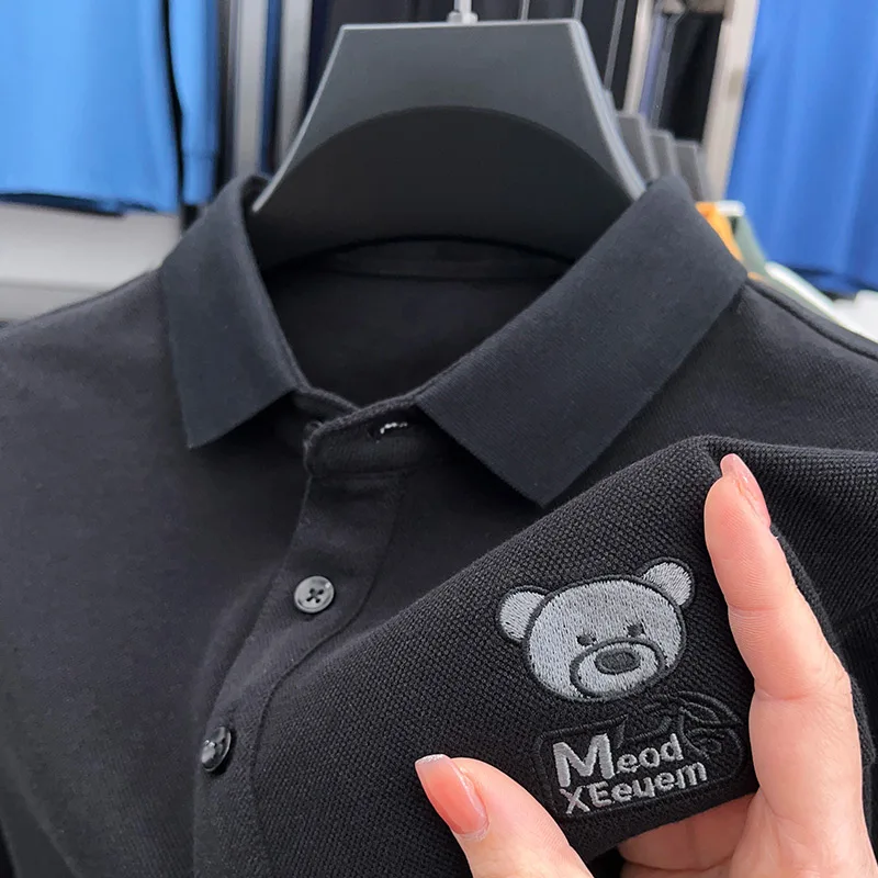 Men's Autumn Long-sleeved 100% cotton Luxurious polo shirt Collar Embroidery Little bear T-shirt Casual Fashionable Men's wear