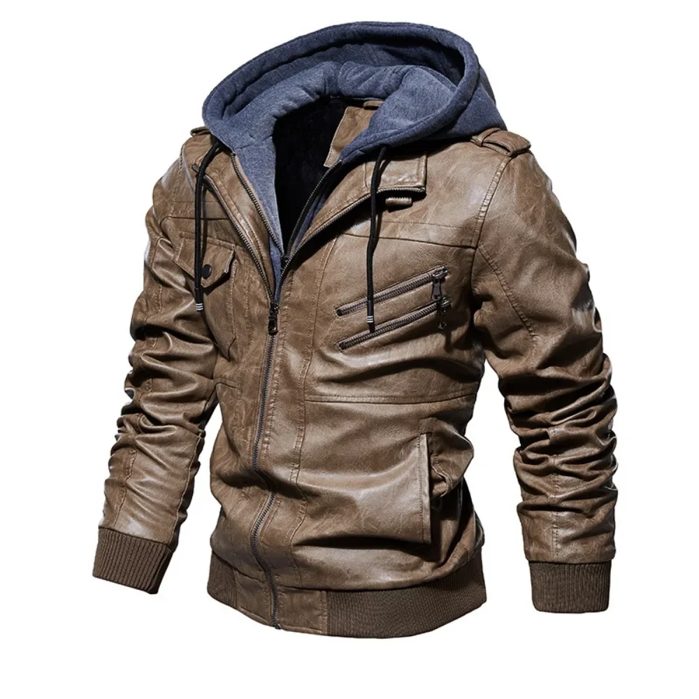 New Style Spring Antumn Men Brown Leather Motorcycle Jacket with Removable Hooded Male PU Jacket Coat EU Size High Quality - Image 4