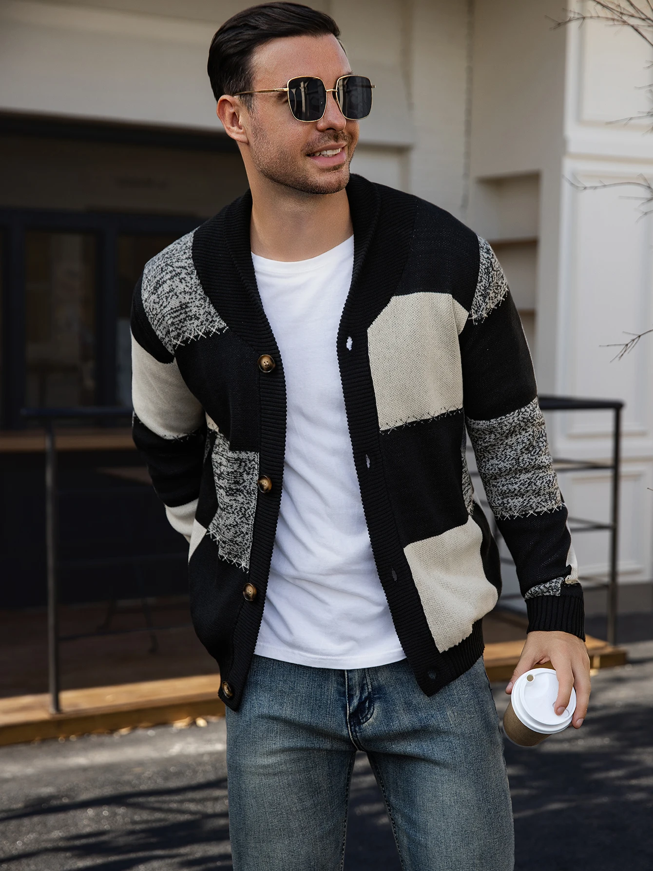 Men's Autumn and Winter Cardigan Sweater, Black-White-Gray Plaid Color Block, Casual and Versatile Knitted Jacket - Image 2