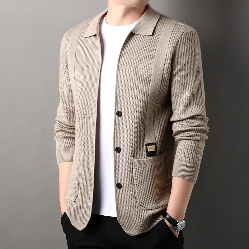 Trend letter embossed knitted men button cardigan high-end brand autumn new casual simple pocket solid color lapel sweater coat - Image 5