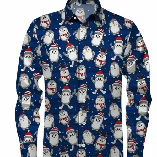 Men's Christmas Party Long Sleeve Shirt Cartoon Snowman Printed Lapel Button Casual plus Size Comfortable Soft Fabric