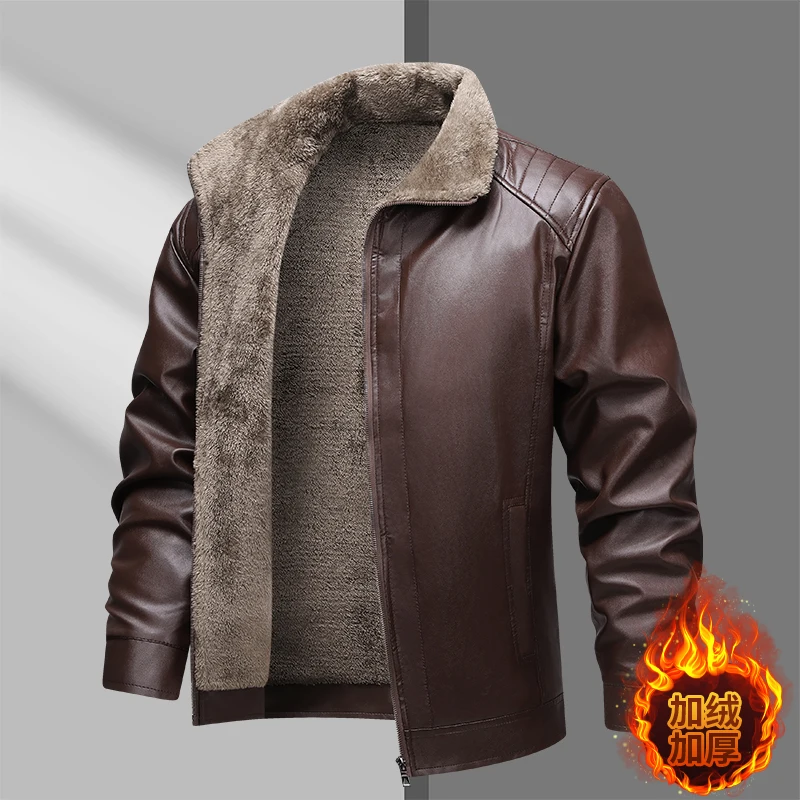 High-quality lapel and fleece leather jacket for men, fleece and thickened leather jacket for men, all-in-one fur dad coat - Image 2