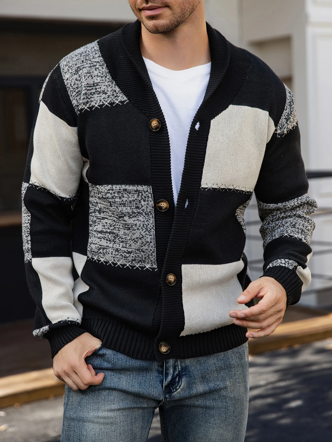 Men's Autumn and Winter Cardigan Sweater, Black-White-Gray Plaid Color Block, Casual and Versatile Knitted Jacket - Image 3