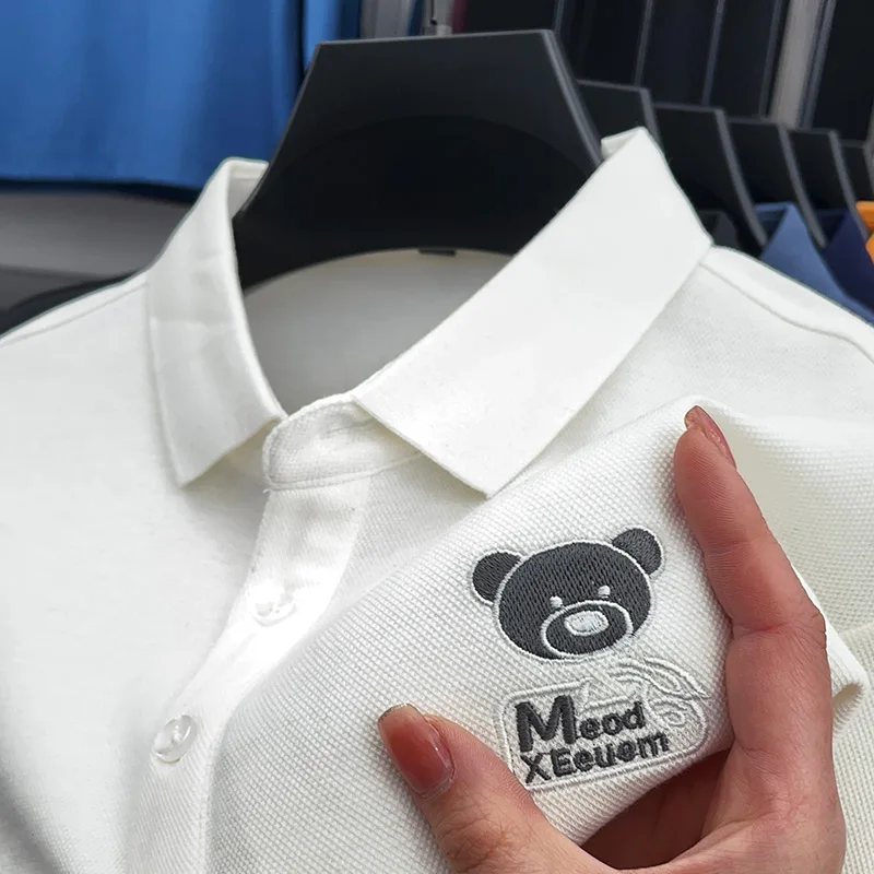 Men's Autumn Long-sleeved 100% cotton Luxurious polo shirt Collar Embroidery Little bear T-shirt Casual Fashionable Men's wear - Image 6