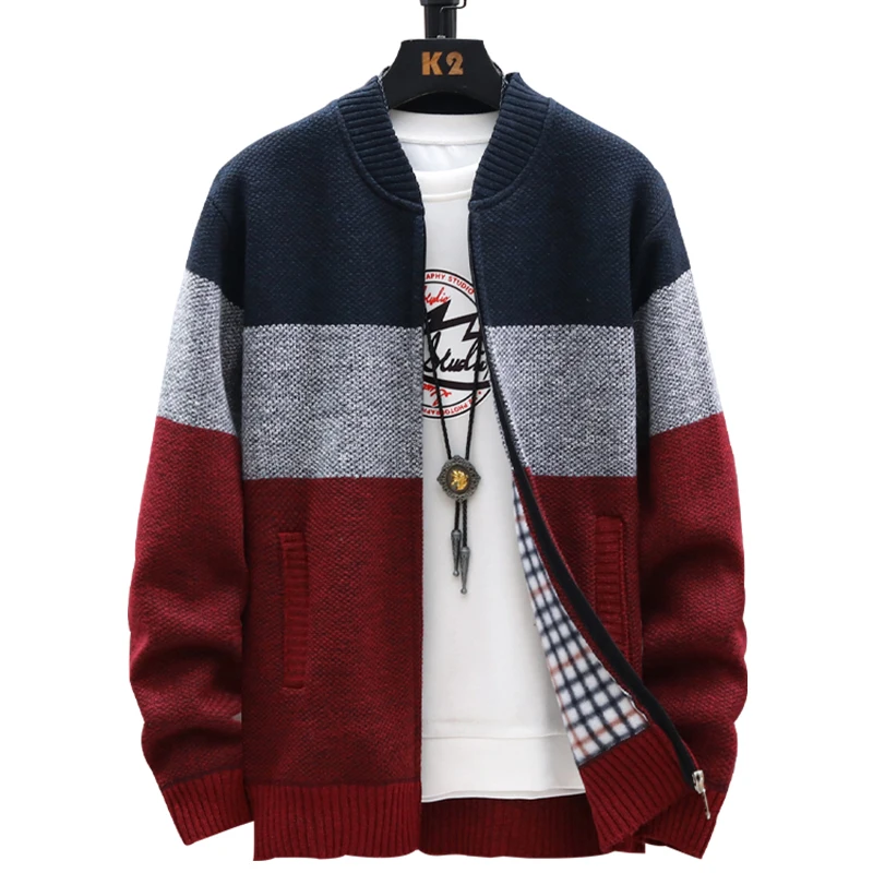Autumn Winter Cardigan Sweater Men Fleece Zipper Sweaters Velvet Contrast Striped Sweater Coats Casual Jackets - Image 4