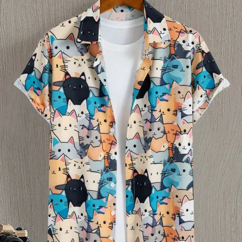 Unisex Fashion Men's Cute Cat Print Casual Daily Wear 3D Printing Short Sleeve Shirt Fashion Hawaiian Shirts For Men Harajuku