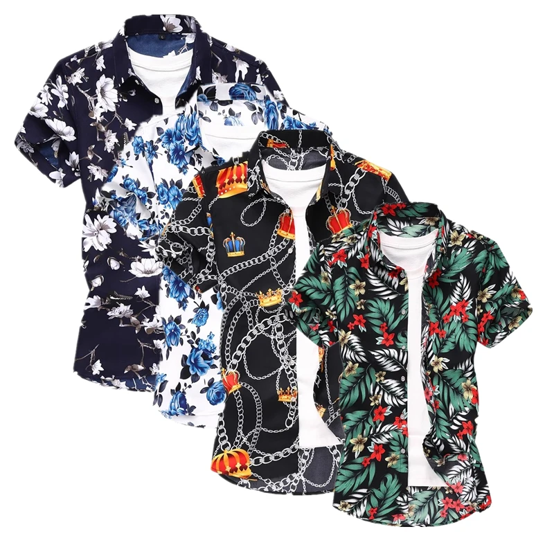 Summer men's shirts, printed short-sleeved plus size youth casual short-sleeved flower shirt, M-7XL code