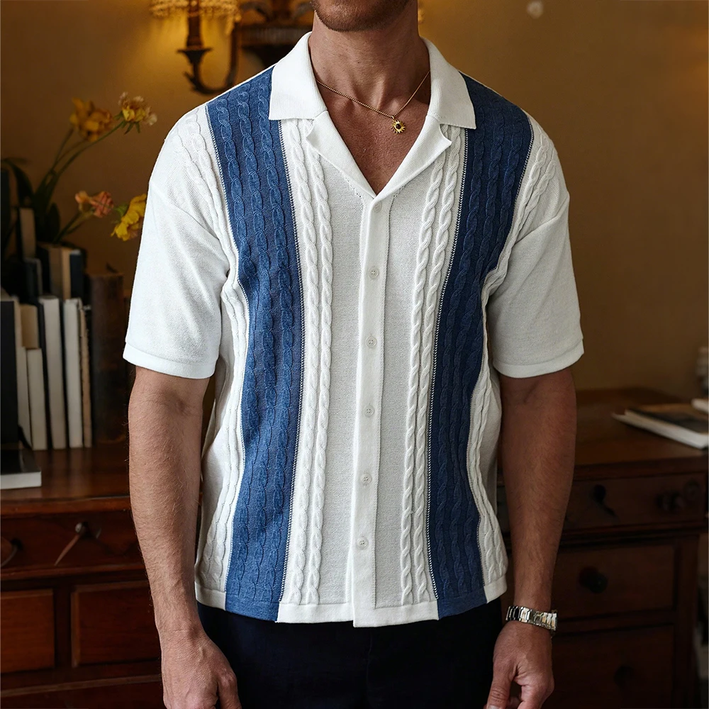 Men's Short Sleeve Summer Knit Lapel Striped Polo Shirt Fashion Light Luxury Popular Knitwear Breathable Top US Size