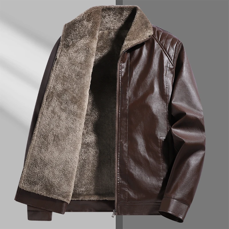 High-quality lapel and fleece leather jacket for men, fleece and thickened leather jacket for men, all-in-one fur dad coat - Image 4