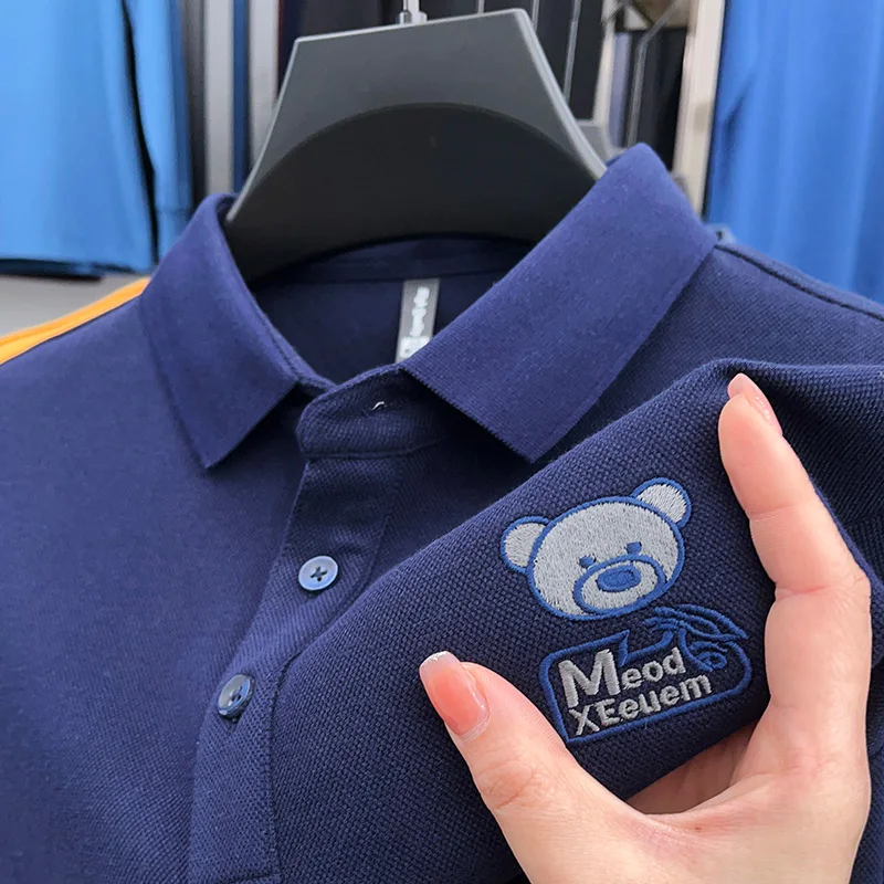 Men's Autumn Long-sleeved 100% cotton Luxurious polo shirt Collar Embroidery Little bear T-shirt Casual Fashionable Men's wear - Image 3