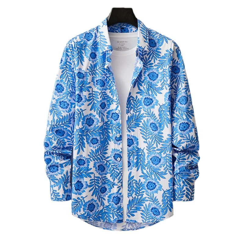 Blue Men's Long Sleeve Printed Cotton Shirt, Diamond Check Casual Shirts, Spring Autumn New Male Tops Camisa Chemise M-5XL - Image 6