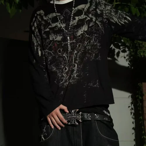 Y2K New Vintage Gothic Skull Wing Printed Long Sleeve Street Trend Pure Cotton Top Men Hip Hop Gothic Harajuku Oversize T-shirt