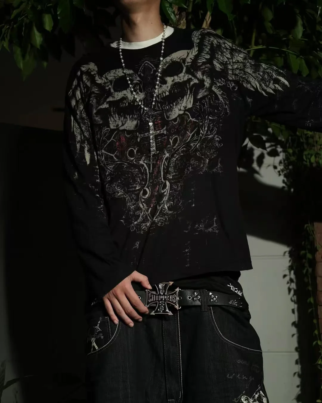 Y2K New Vintage Gothic Skull Wing Printed Long Sleeve Street Trend Pure Cotton Top Men Hip Hop Gothic Harajuku Oversize T-shirt