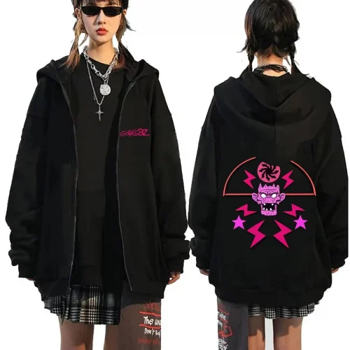 Rock Band Gorillaz Skeleton Graphic Zipper Hoodie Men Women Gothic Oversized Zip Up Sweatshirt Man Hip Hop Fashion Zip Up Jacket